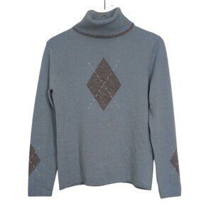 Lauren Hansen Cashmere Argyle Turtleneck Womens Size Small Blue Relaxed Sweater